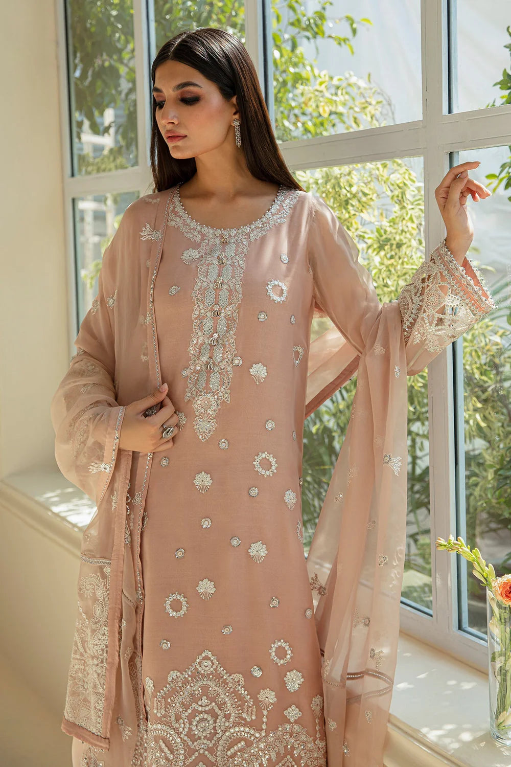 EMBROIDERED CHIFFON PINK 3-PIECE SUIT - BAROQUE
