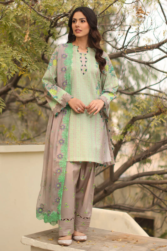 3Pc PRINTED LAWN SHIRT WITH EMBROIDERED DYED CHIFFON DUPATTA AND TROUSERS | DSPM4-01 | CHARIZMA