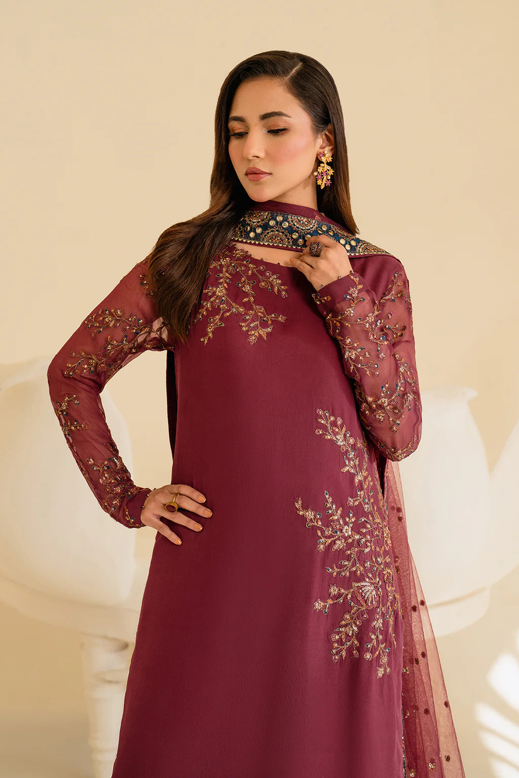 3 PIECE SUIT READY MADE IP-299 EMBROIDERED CHIFFON - IZNIK