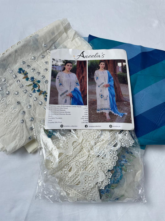 Aneelas unstitched luxury lawn Emb shirt silk Duppata 3pc