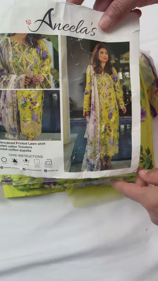 Aneelas unstitched lawn Emb shirt chiffon Duppata 3pc